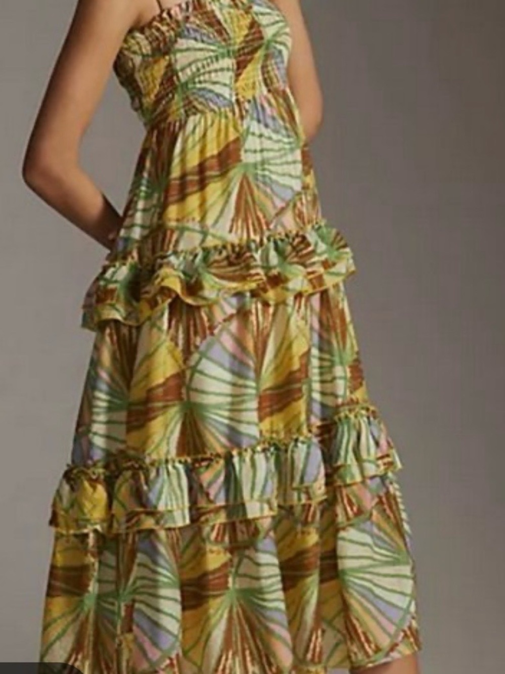 Tiered Strapless Sundress in Yellow Green Print